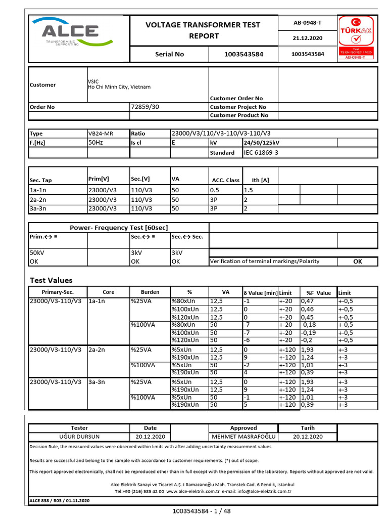 VB24-MR Voltage Transformer Report | PDF | Physical Quantities ...