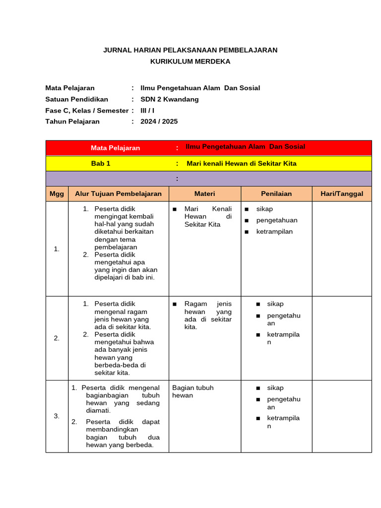 Jurnal Harian Kelas 3 Kurikulum Merdeka | PDF