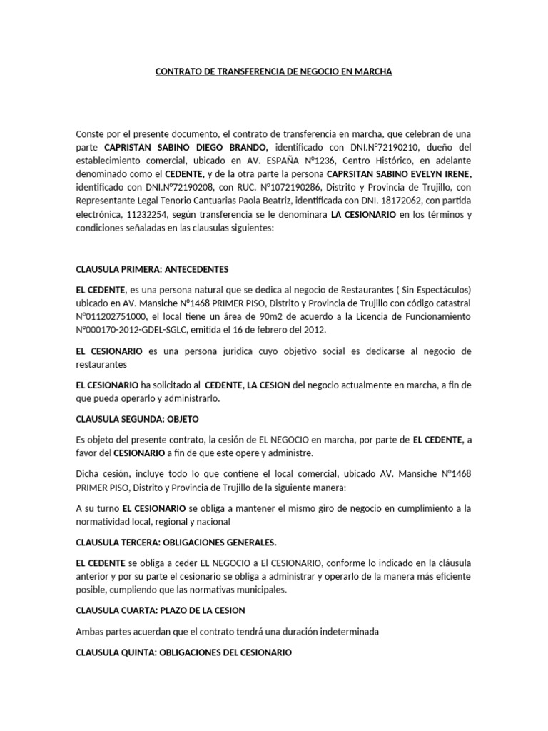 Contrato de Transferencia de Negocio en Marcha Capristan Sabino Diego ...