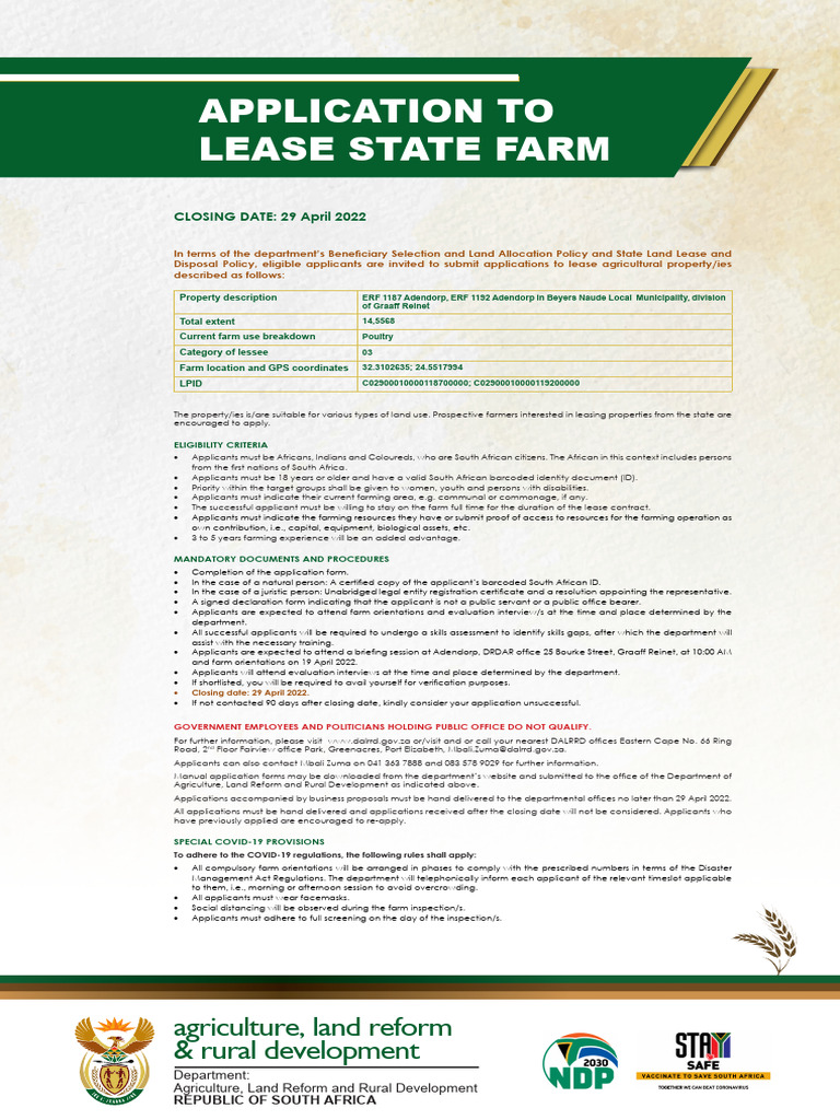 Lease Application for State Farms in South Africa | PDF | Lease