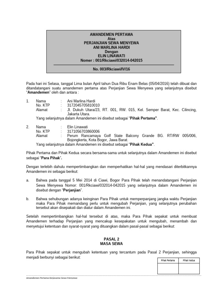 Perjanjian Sewa Menyewa Ruko AMH-EL 290117 | PDF