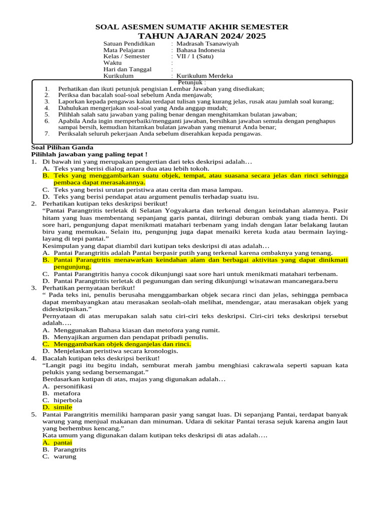 Soal Sas Bahasa Indonesia Kelas Vii | PDF | Kajian Bahasa Asing