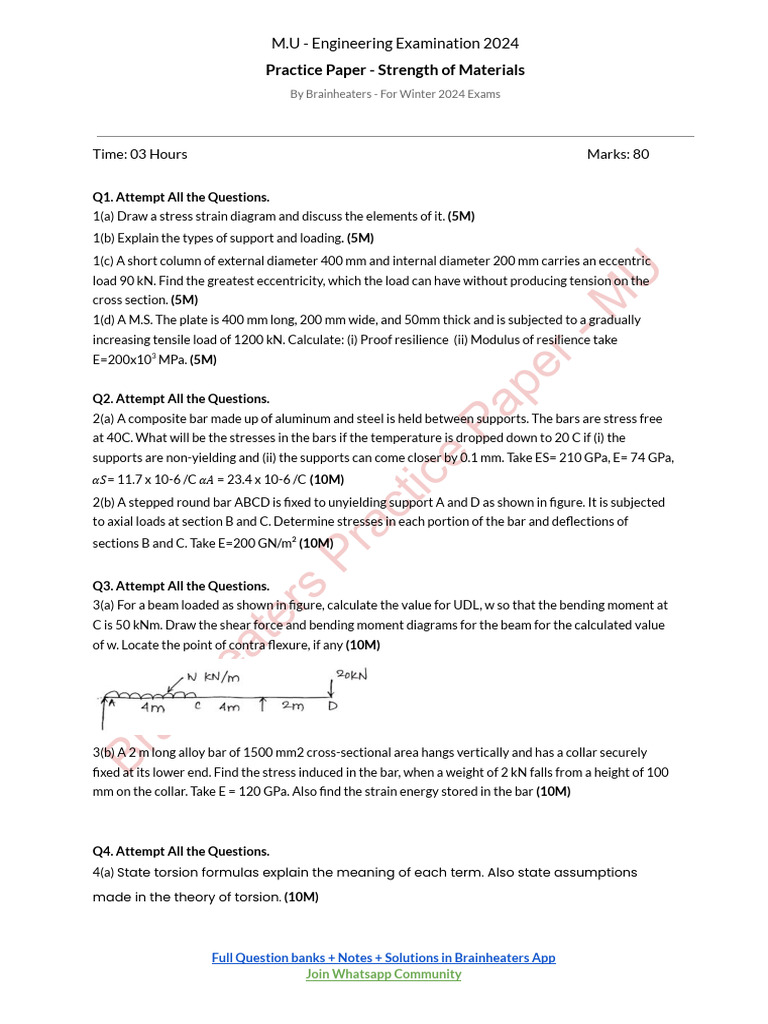 MU Engineering Strength of Materials Exam | PDF | Bending | Beam ...