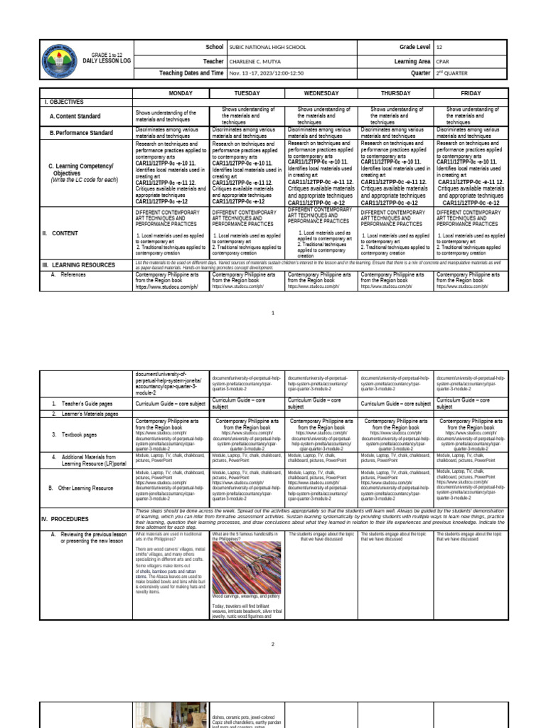 CPAR Module 2 Curriculum Guide | PDF | Sculpture | Paintings