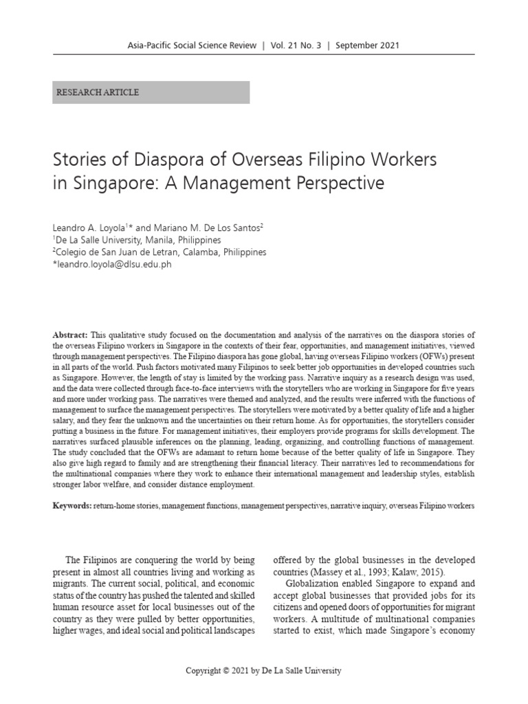 2 Stories of Diaspora of Overseas Filipino Workers in Singapore A ...