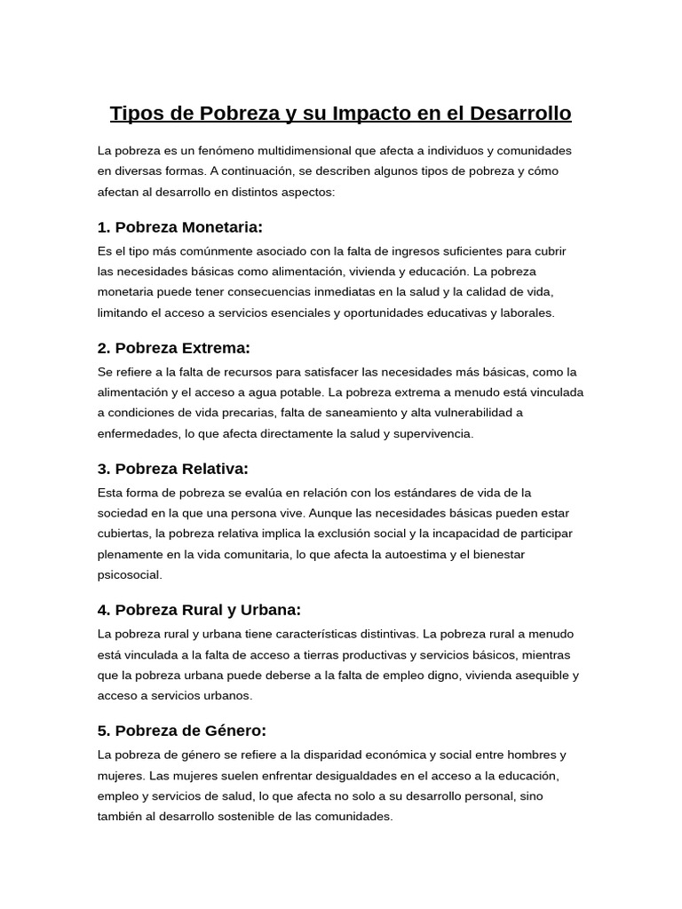 Tipos de Pobreza y Su Impacto en El Desarrollo | PDF | Pobreza ...