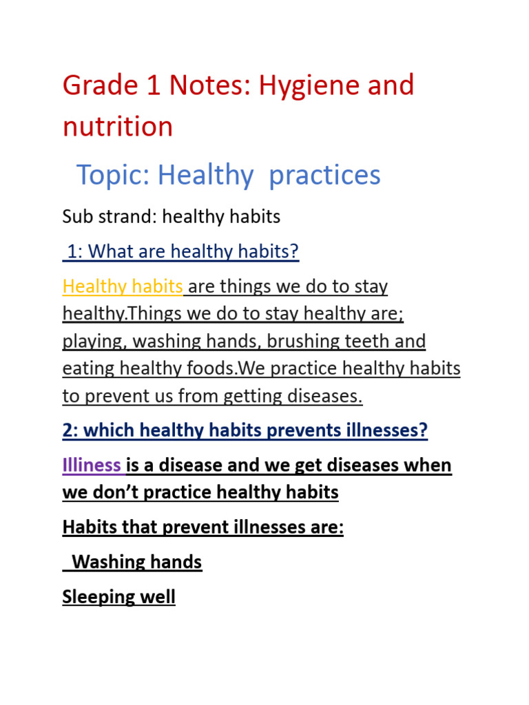 Grade 1 Hygiene and Nutrition Notes CBC Curriculum | PDF | Foods | Hygiene