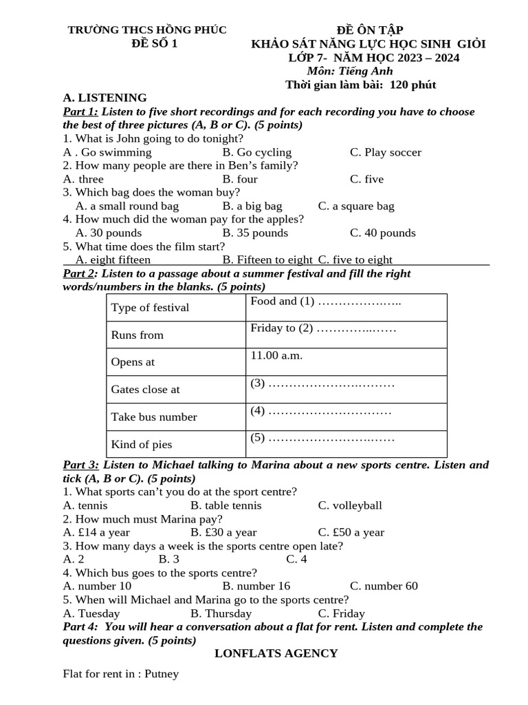 English Exam for 7th Grade Students | PDF