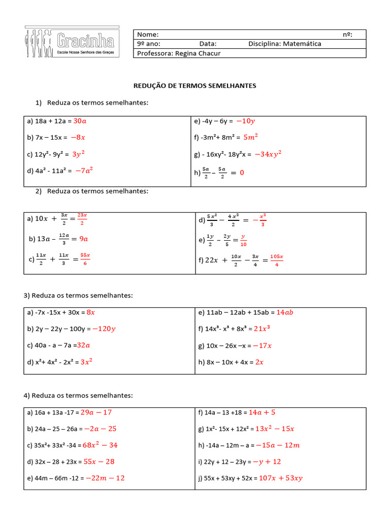 Redução de Termos Semelhantes: Exercícios | PDF