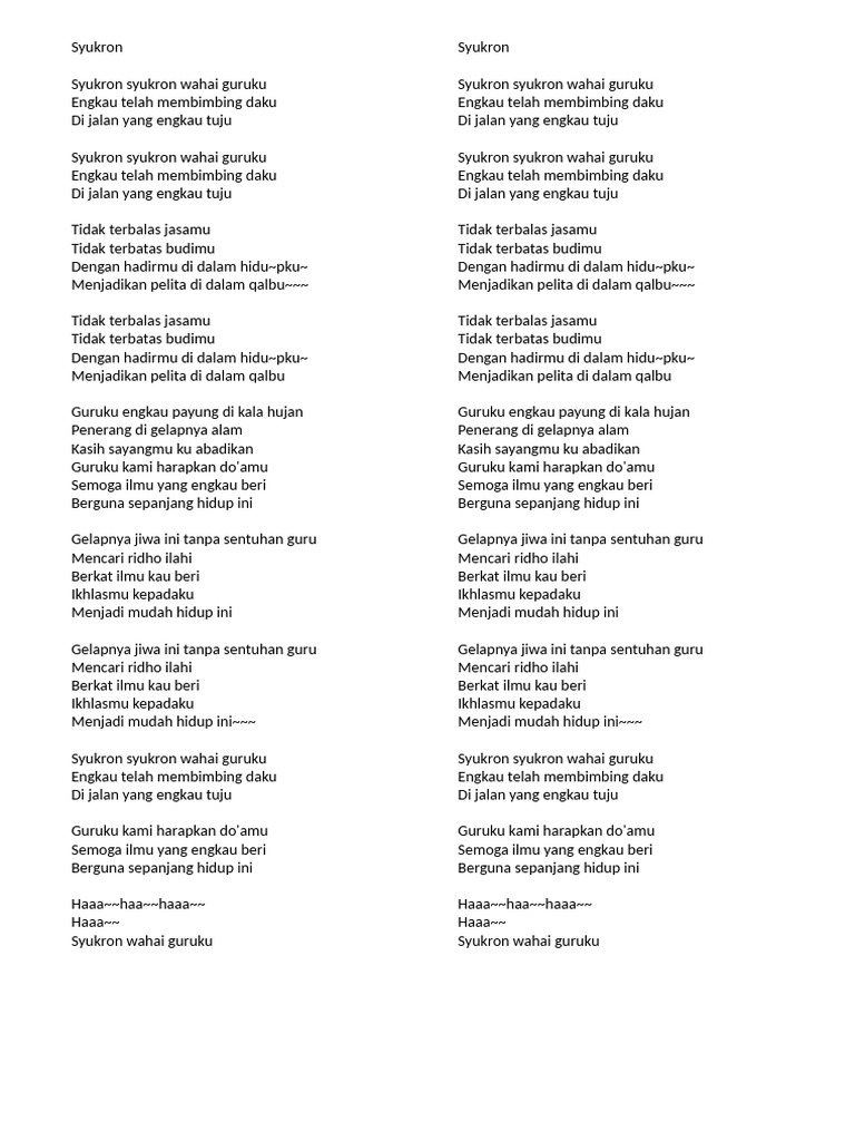 Lirik Lagu Syukron Wahai Guruku | PDF
