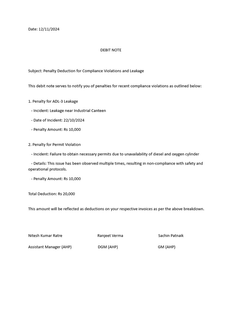 Compliance Penalty Debit Note | PDF