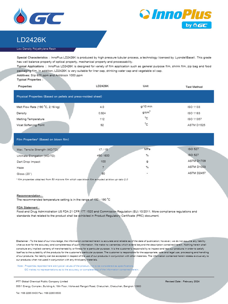 InnoPlus LD2426K Low Density Polyethylene | PDF | Food And Drug ...