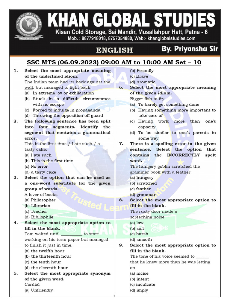 SSC MTS English Practice Set 10 | PDF