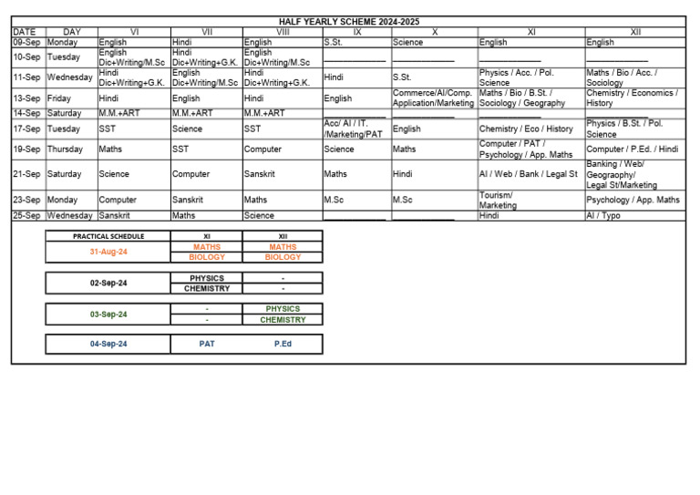 Half Yearly Exam Schedule 2024-2025 | PDF | Science