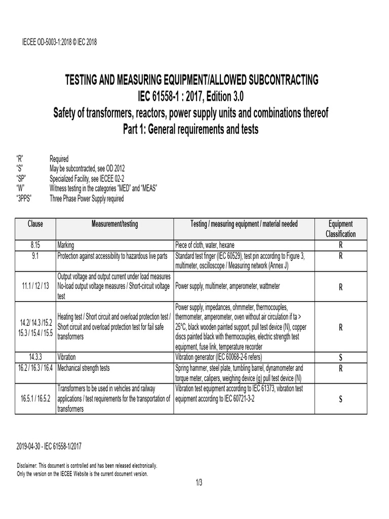 IEC 61558-1:2017 Testing Requirements | PDF | Insulator (Electricity ...