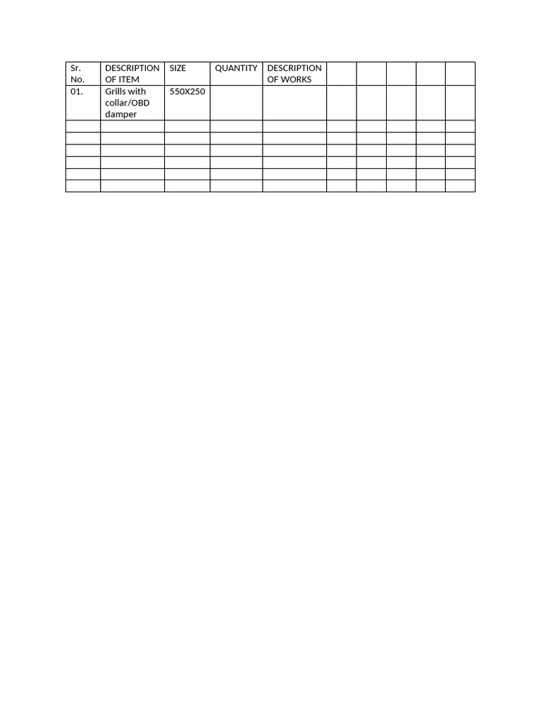 Picture Idea: Sr No Description Of Item Size Quantity Description Of Works