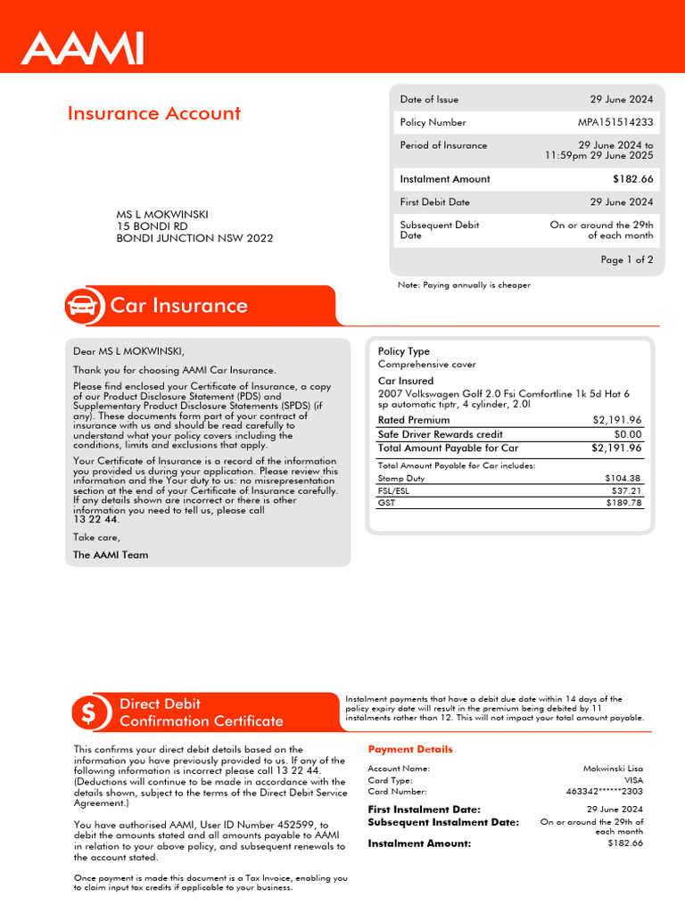 AAMI Car Insurance Payment Details | PDF | Debit Card | Insurance