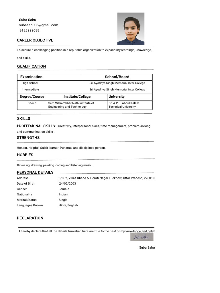 Suba Sahu - B.Tech Graduate Resume | PDF | Career & Growth