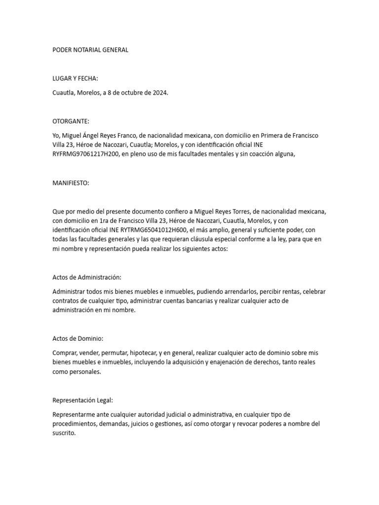 Poder Notarial General en Cuautla | PDF