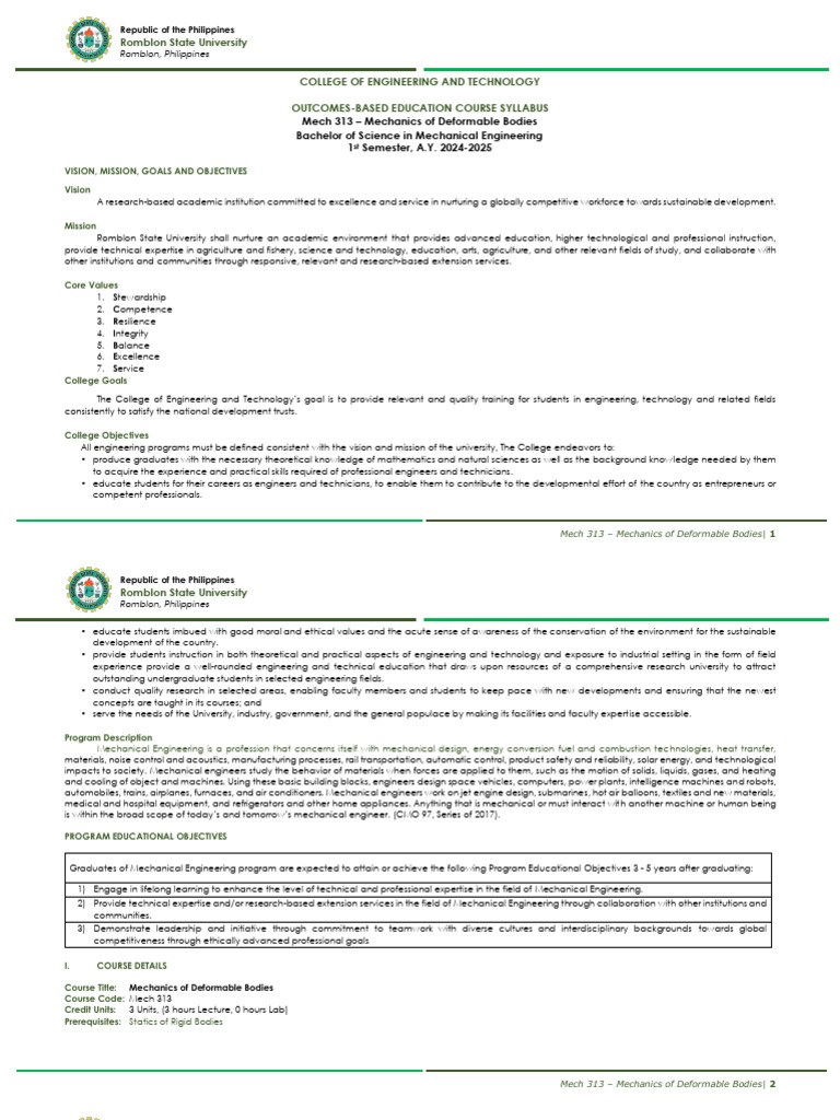 Mechanics of Deformable Bodies Syllabus | PDF | Mechanical Engineering ...
