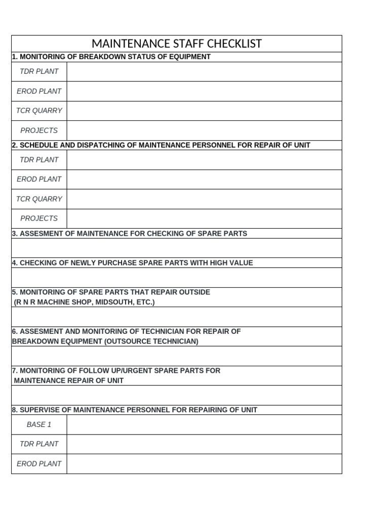 Maintenance Staff Checklist Overview | PDF | Computers | Technology ...