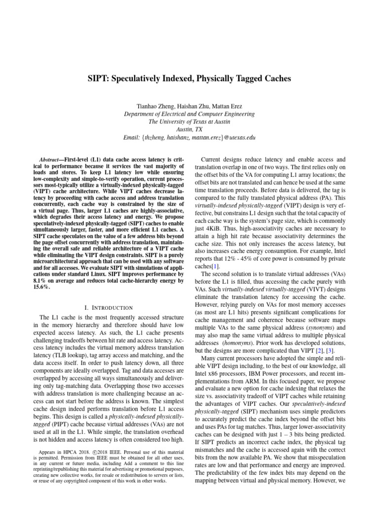 SIPT Caches: Enhancing L1 Performance | PDF | Cpu Cache | Central ...