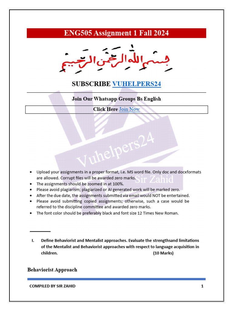 ENG505 Assignment 1 Fall 2024 Compiled by Sir Zahid, Vuhelpers24 | PDF ...