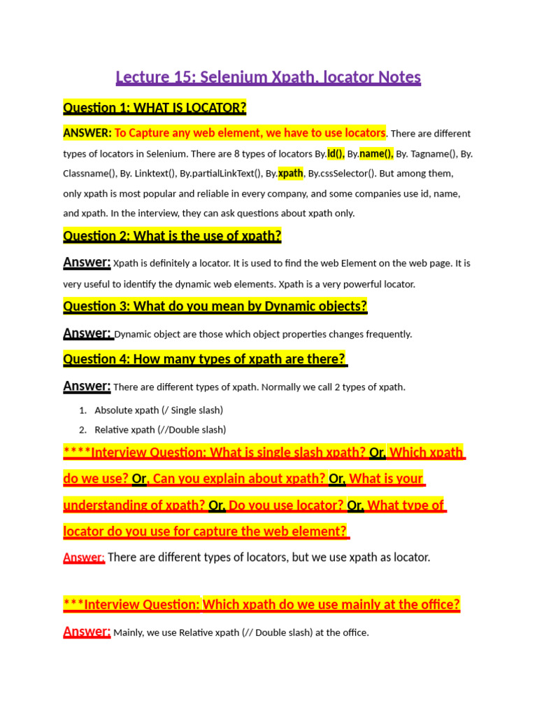 Lecture 15 Selenium Xpath, Locator Notes | PDF | X Path