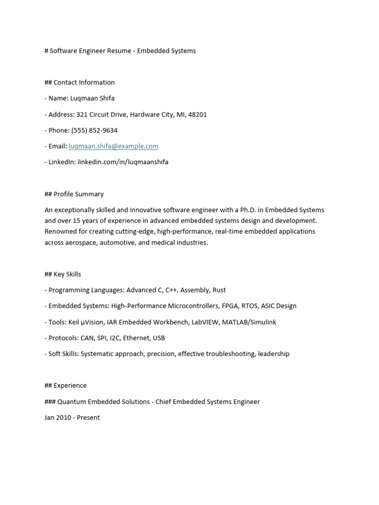 # Software Engineer Resume - Embedded Systems | PDF | Embedded System ...
