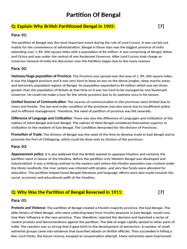 Partition Of Bengal | PDF | British Raj | Partition Of India