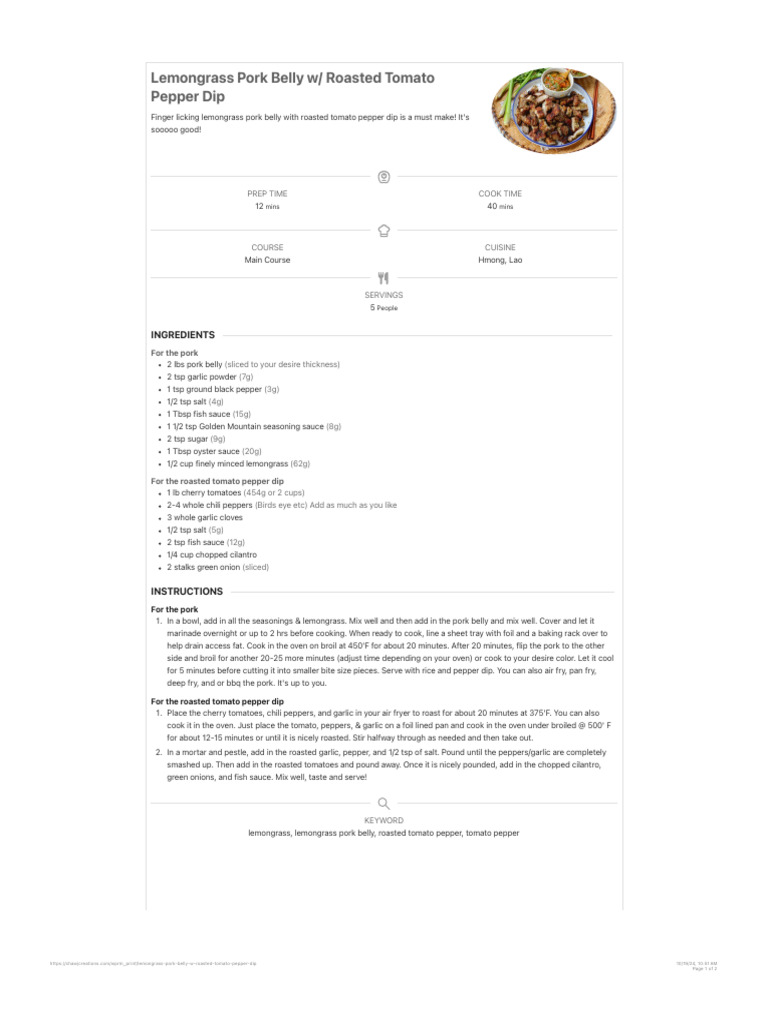 Lemongrass Pork Belly & Tomato Dip | PDF | Food And Drink Preparation ...
