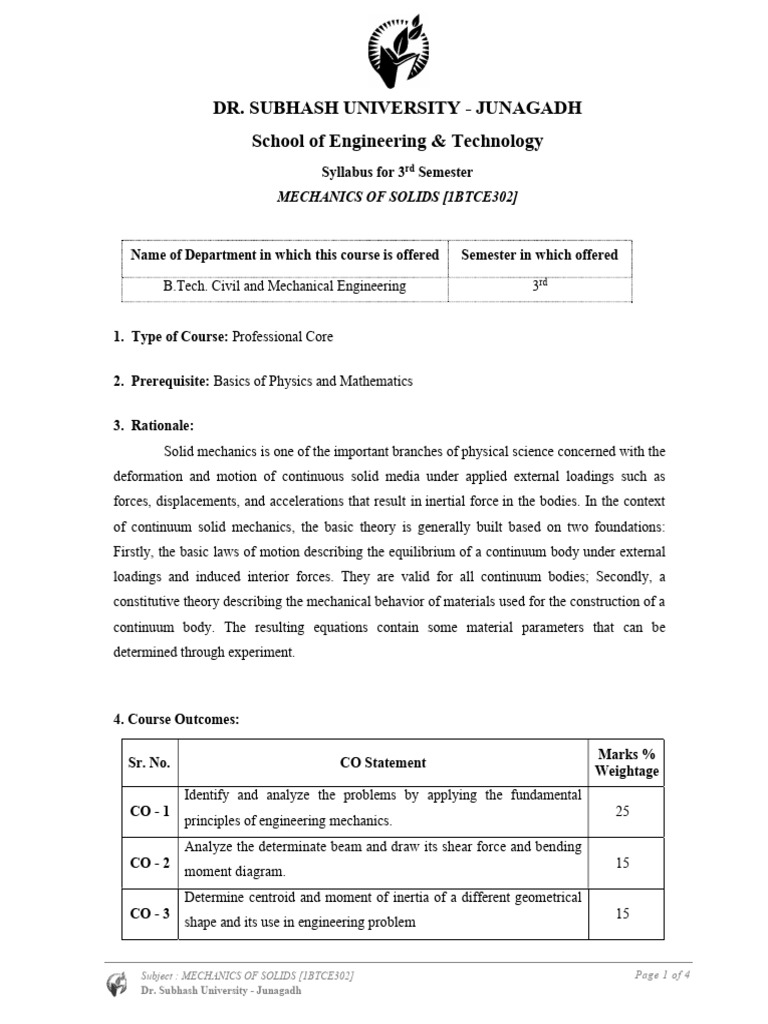 Mechanics of Solids Syllabus - B.Tech | PDF | Bending | Stress (Mechanics)