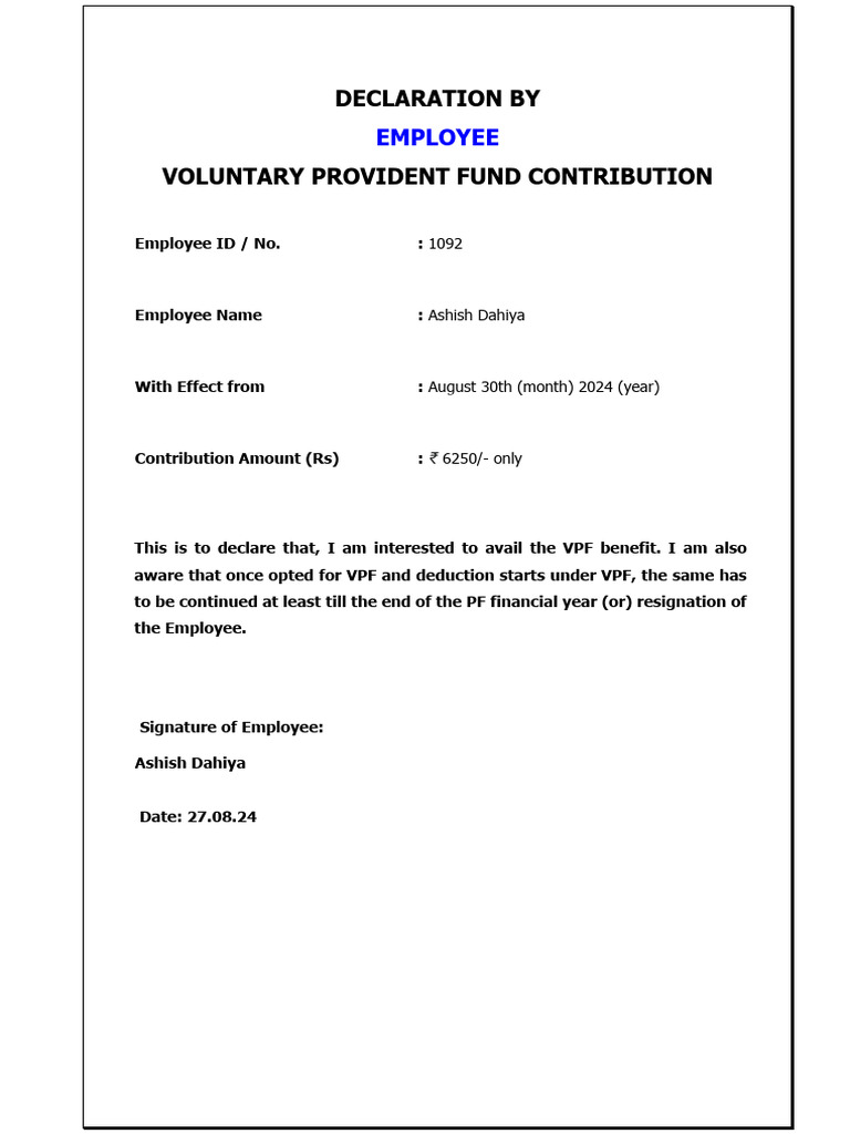 Employee VPF Contribution Application Form 1 | PDF