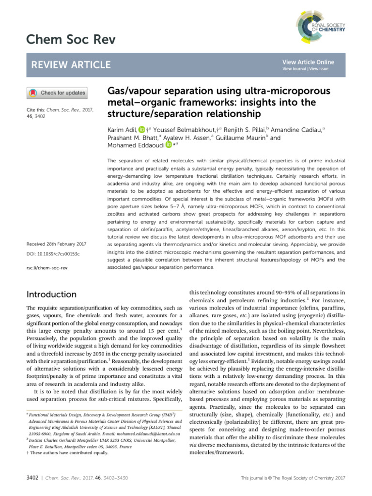 Chem Soc Rev-Separation-C7cs00153c | PDF | Adsorption | Zeolite