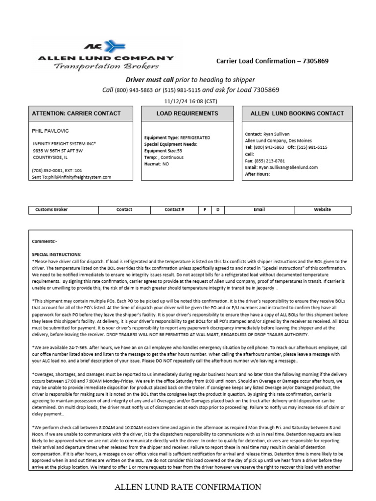 Carrier Load Confirmation 7305869 Details | PDF | Cargo | Transport