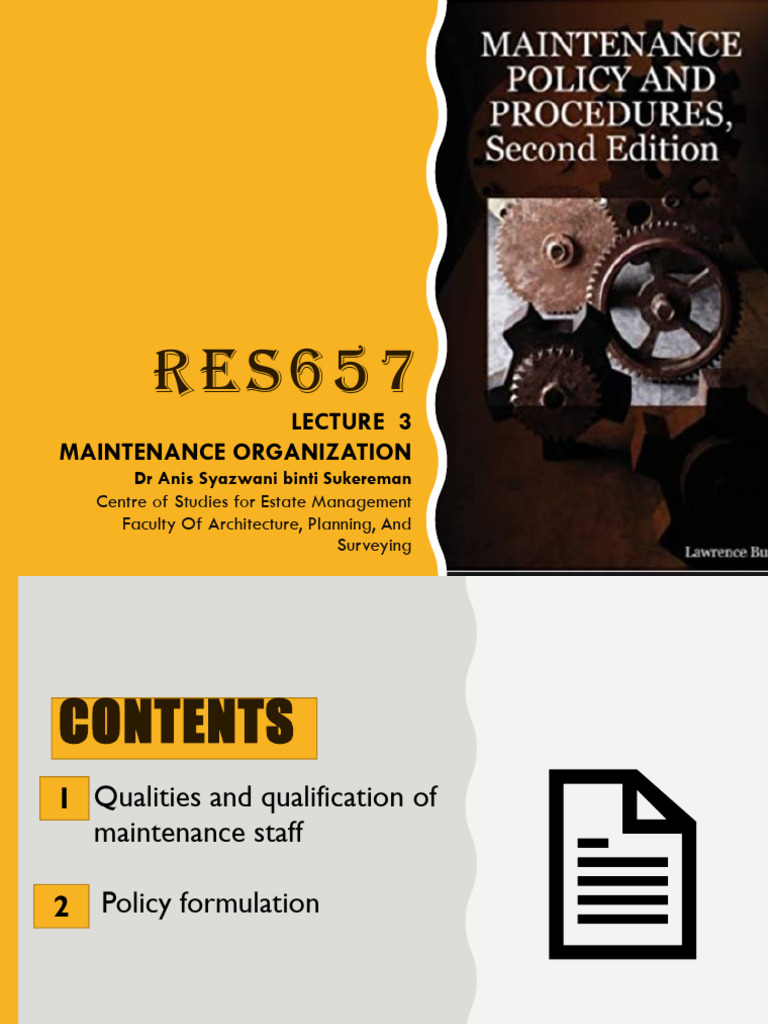 Res 657 - Lecture 3 Maintenance Policy | PDF | Policy | Business