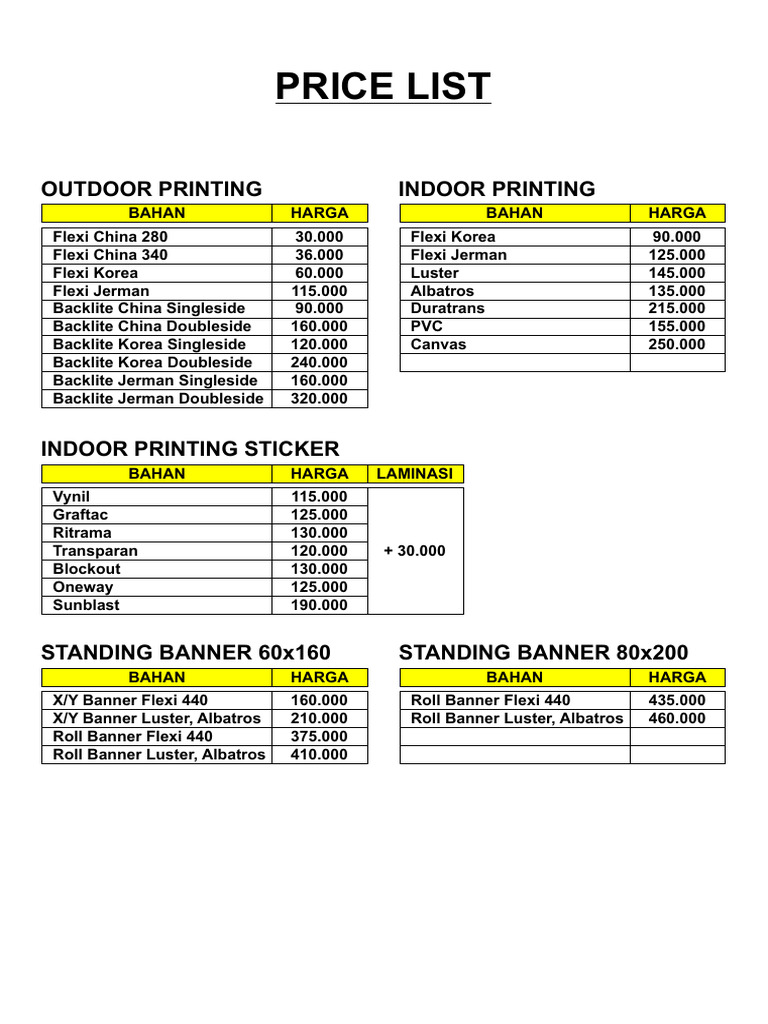 Outdoor and Indoor Printing Price List | PDF