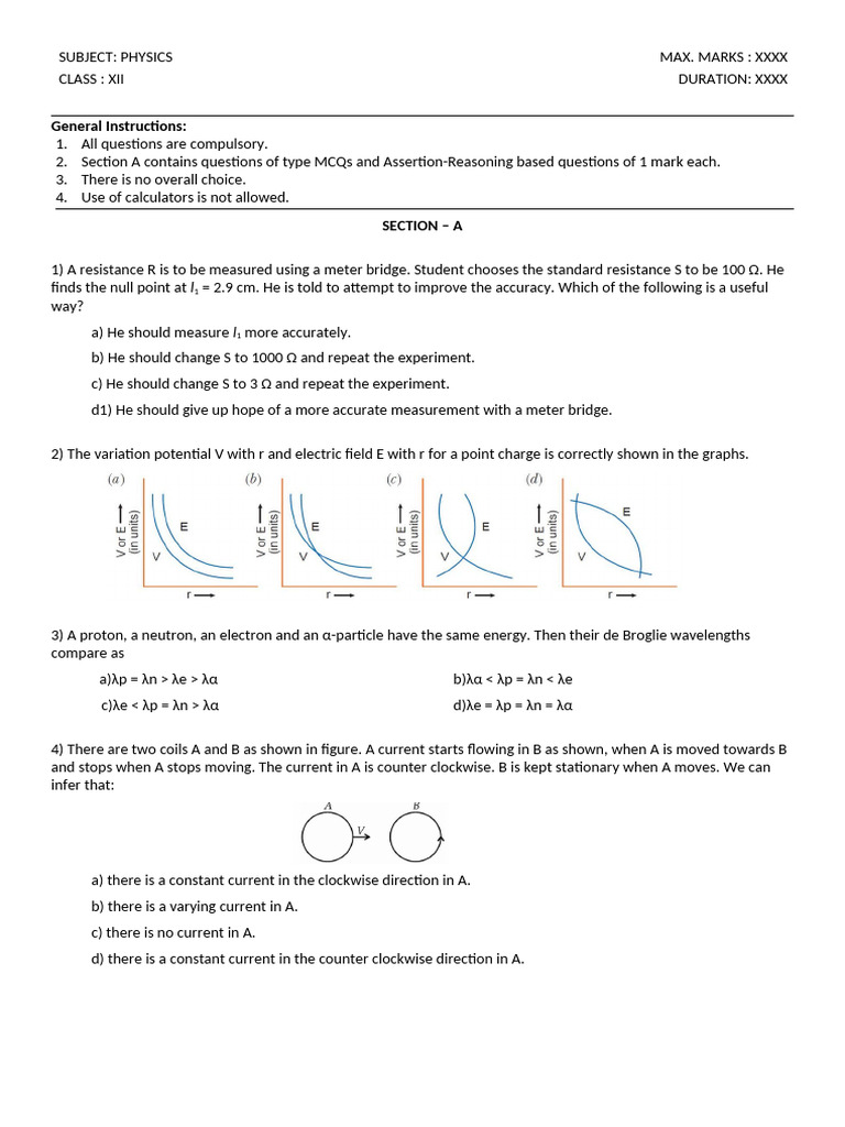 Class XII Physics Exam Questions | PDF | Electrical Resistance And ...