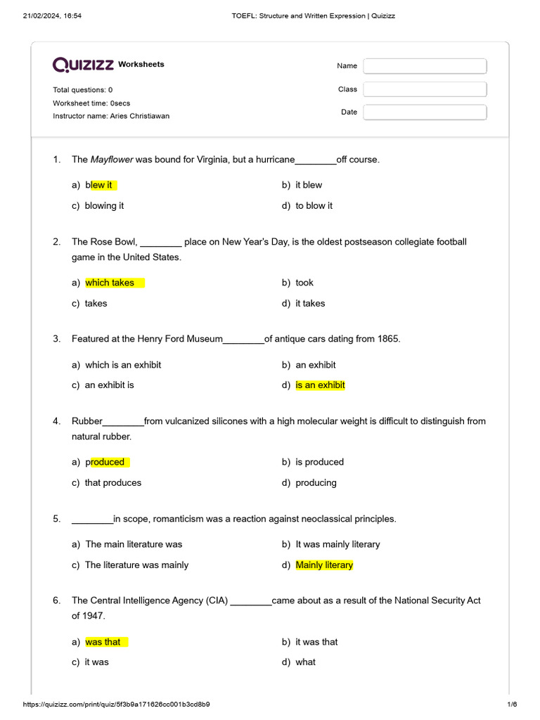 TOEFL - Structure and Written Expression - Quizizz 2 - Answer Key) | PDF