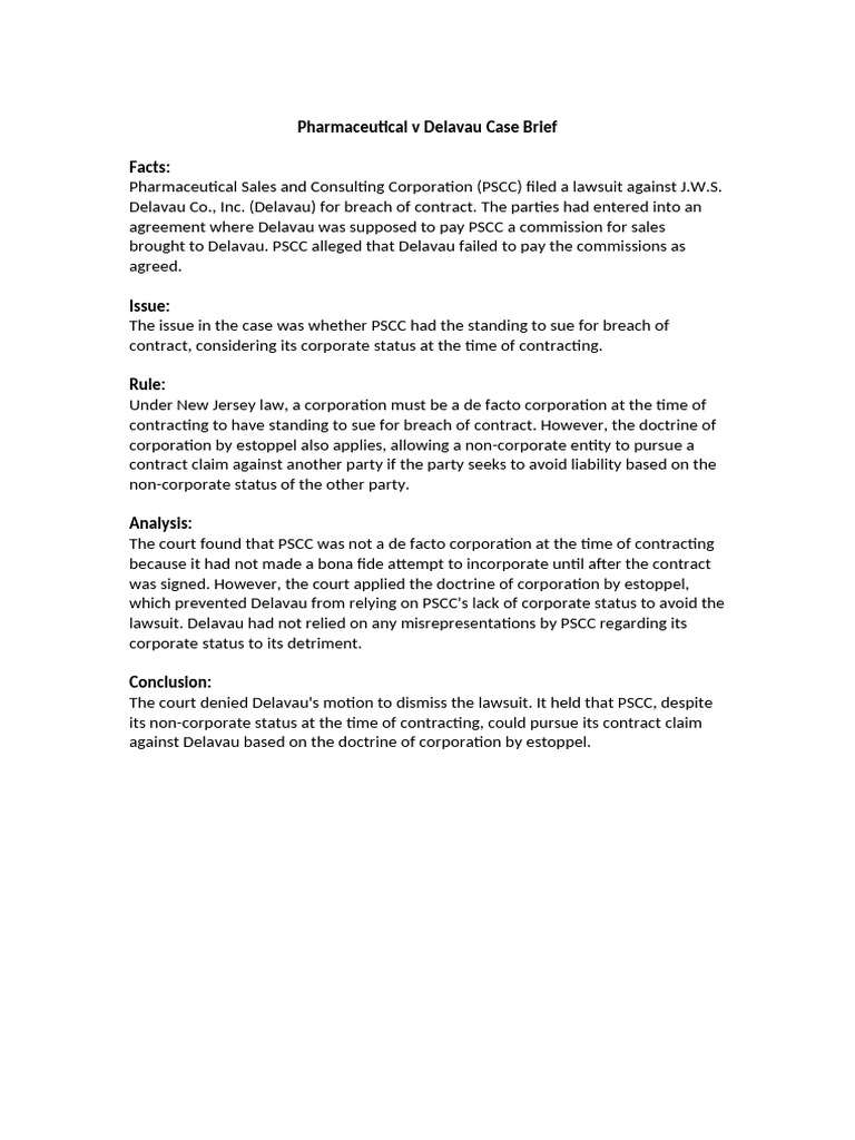 Pharmaceutical V Delavau Case Brief | PDF