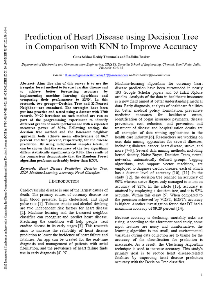 Prediction of Heart Disease Using Decision Tree in Comparison With KNN ...