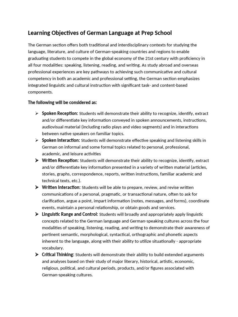 Objectives of Learning German Language at Prep School | PDF ...