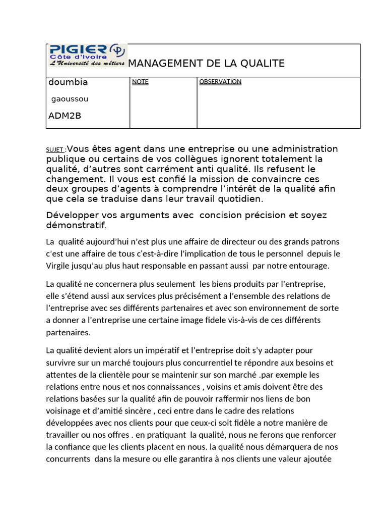 Importance de la qualité en entreprise | PDF | Affaires | Finance et ...