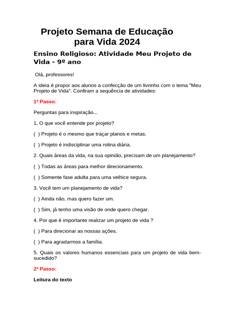 Meu Projeto de Vida: Atividades 9º Ano | PDF | Vida