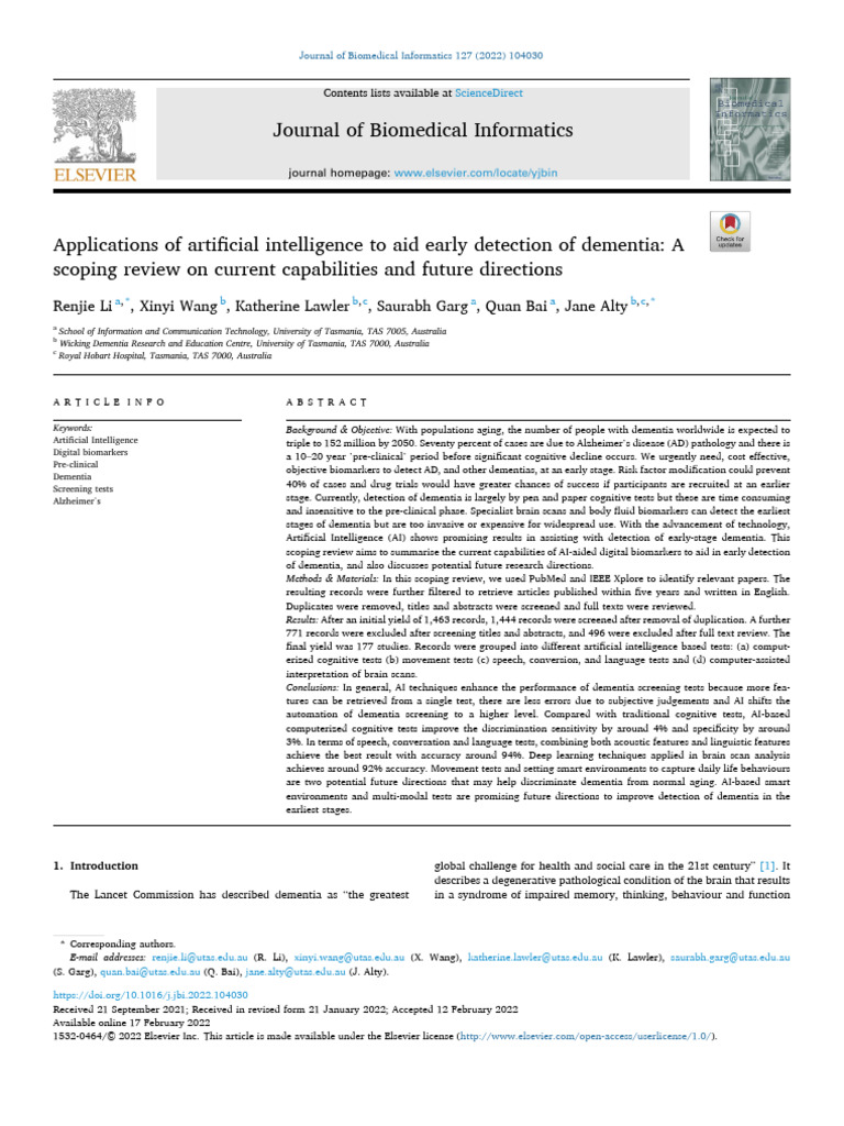 Applications of Artificial Intelligence To Aid Early Detection of ...