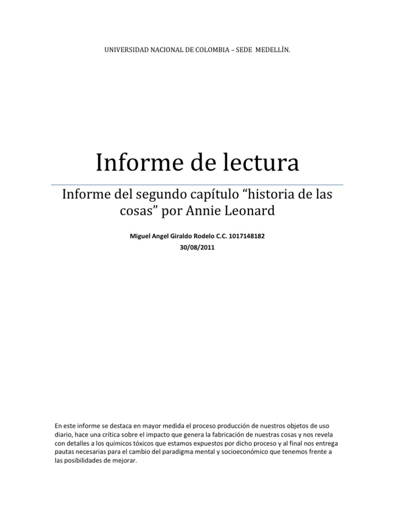 Informe del segundo capítulo historia de las cosas por