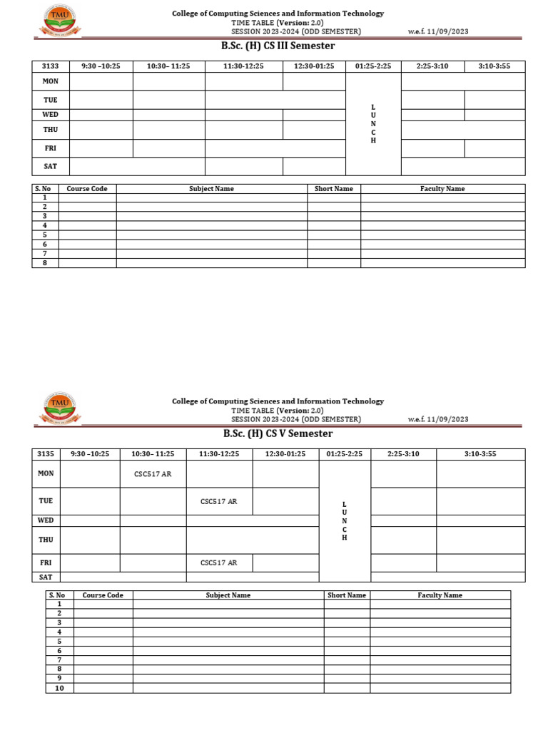CCSIT Semester Timetable | PDF | Computing | Computer Science