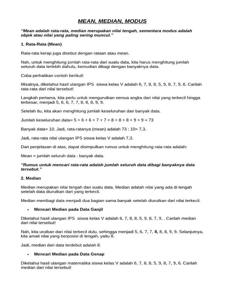 Mean, Median, Modus untuk Kelas 6 SD | PDF | Metode & Bahan Ajar