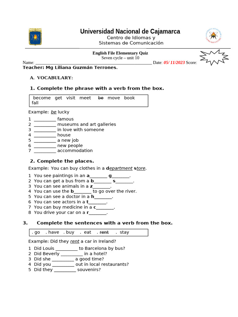 English File Elementary Unit 10 Quiz | PDF | Linguistics | Grammar