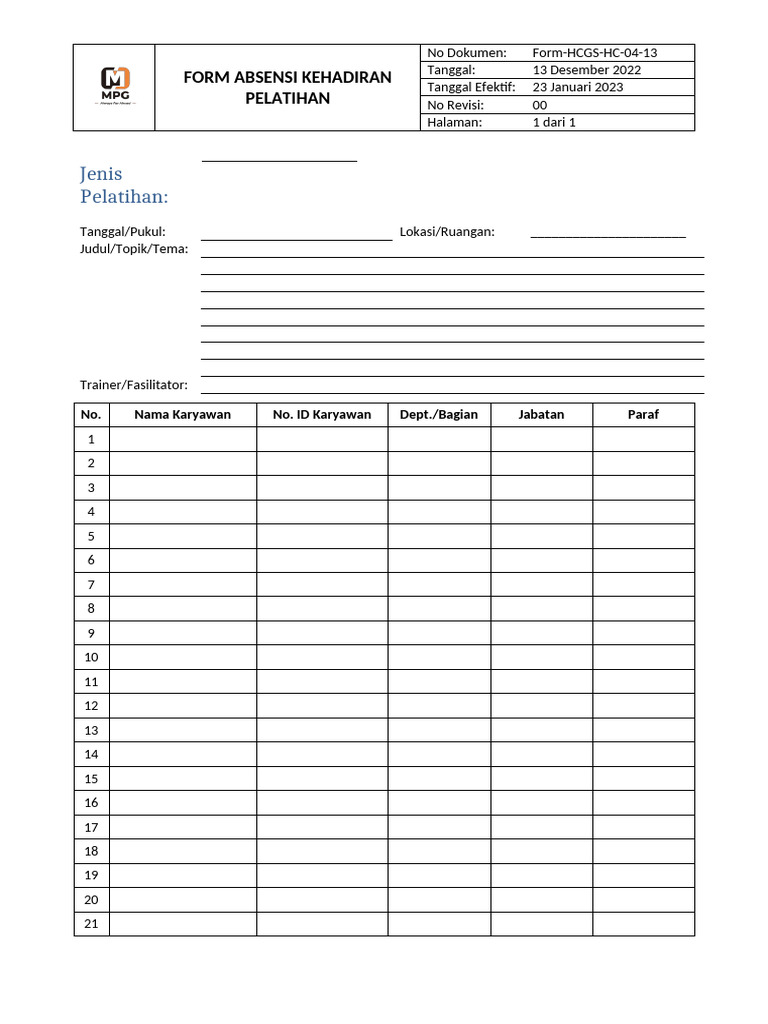 Form Absensi Pelatihan Karyawan | PDF | Karier & Perkembangan ...